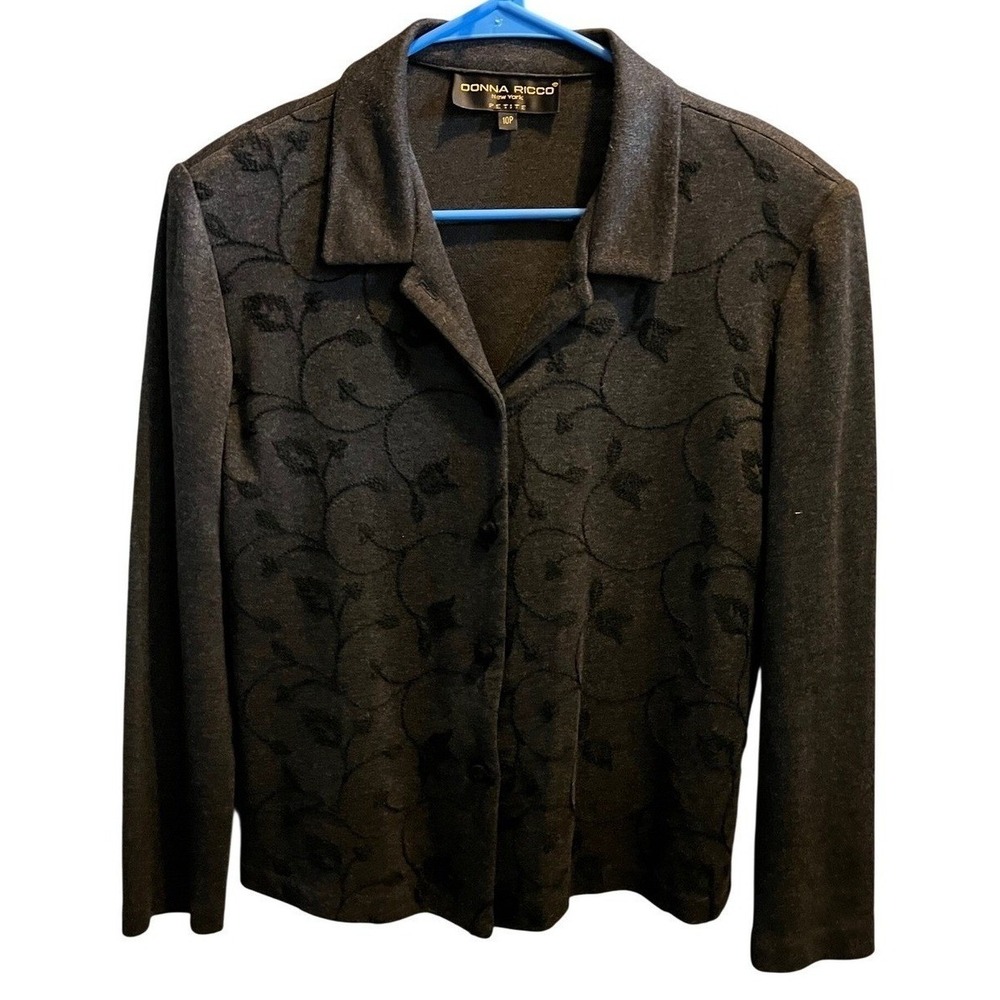 Donna Ricco New York Vintage Black Embroidered Button Front Knit Jacket 10P